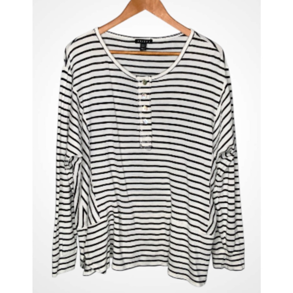 Tribal Black and White Striped Blouse Henley Tunic XL